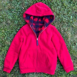 Lands End Kids M 8 Reversible Sherpa Fleece Hoodie Red Black Buffalo Check Zip